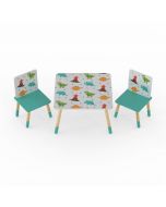 Dino table and 2 chair set. The design features dinosaurs, volcano's and footprints in a seamless repeating pattern.