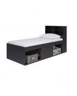 Black cabin bed with a 4 cubby hole headboard, 2 open niches and middle cupboard for storage.