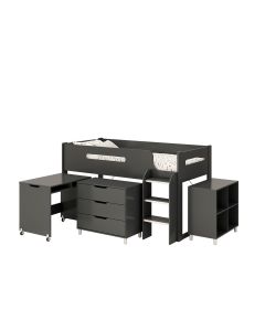 Plain black mid sleeper bed frame. Comes with a movable desk, 3 drawer chest and a bookcase. These items can be tucked under when not in use.