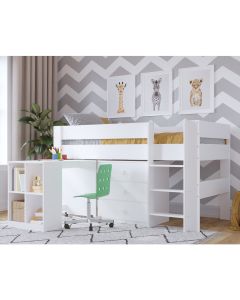 Kudl, Childrens Mid Sleeper with Desk, Cupboard - White