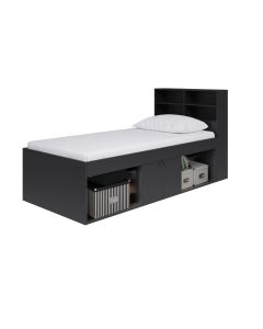 Black cabin bed with a 4 cubby hole headboard, 2 open niches and middle cupboard for storage.