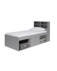 Grey cabin bed with a 4 cubby hole headboard, 2 open niches and middle cupboard for storage.