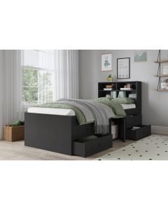 Black cabin bed with a 4 cubby hole headboard storage. It also comes with 4 drawers underneath and a central cupboard.