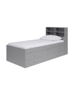Grey cabin bed with a 4 cubby hole headboard storage. It also comes with 4 drawers underneath and a central cupboard.