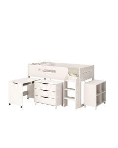 Plain white mid sleeper bed frame. Comes with a movable desk, 3 drawer chest and a bookcase. These items can be tucked under when not in use.